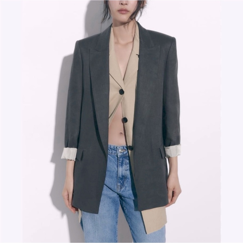 Zara - women’s 100% linen blazer printed sleeves grey open front jacket size XS